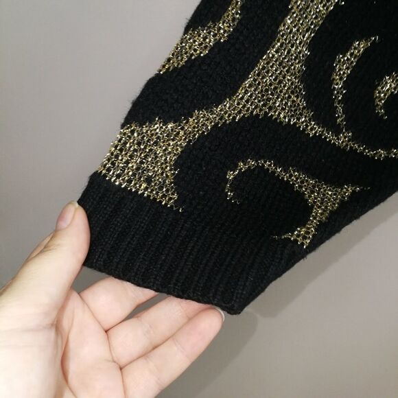 𝅺VINTAGE French Y2K 80s Black & Gold Arabesque Knitted Scoop Neck Sweater Large - Picture 7 of 13